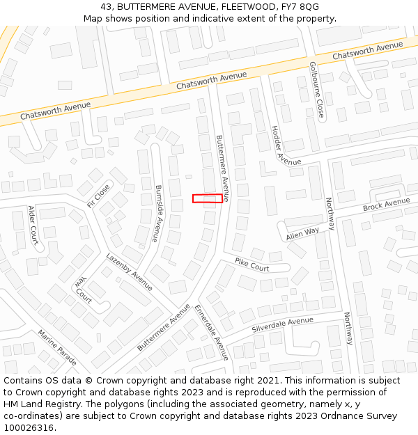 43, BUTTERMERE AVENUE, FLEETWOOD, FY7 8QG: Location map and indicative extent of plot