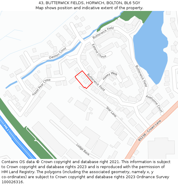 43, BUTTERWICK FIELDS, HORWICH, BOLTON, BL6 5GY: Location map and indicative extent of plot
