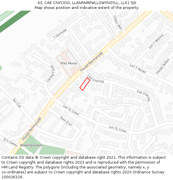 43, CAE CNYCIOG, LLANFAIRPWLLGWYNGYLL, LL61 5JS: Location map and indicative extent of plot