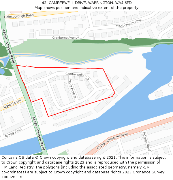 43, CAMBERWELL DRIVE, WARRINGTON, WA4 6FD: Location map and indicative extent of plot