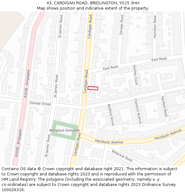 43, CARDIGAN ROAD, BRIDLINGTON, YO15 3HH: Location map and indicative extent of plot