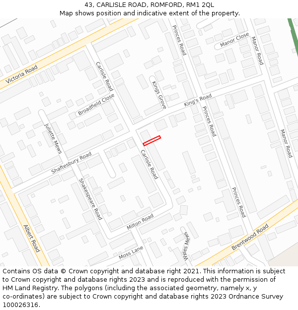 43, CARLISLE ROAD, ROMFORD, RM1 2QL: Location map and indicative extent of plot