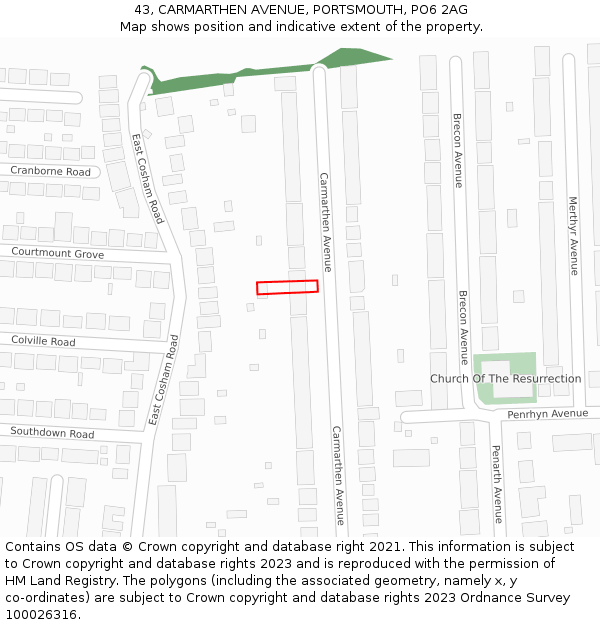 43, CARMARTHEN AVENUE, PORTSMOUTH, PO6 2AG: Location map and indicative extent of plot