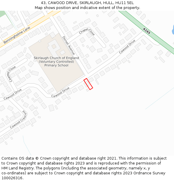 43, CAWOOD DRIVE, SKIRLAUGH, HULL, HU11 5EL: Location map and indicative extent of plot