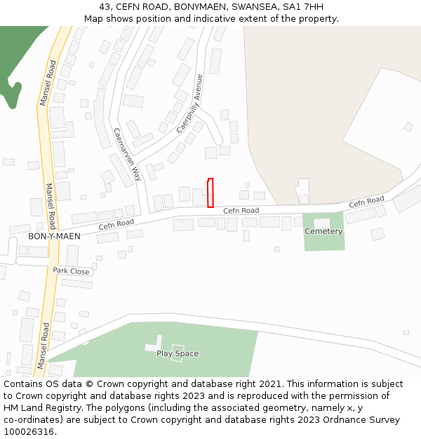43, CEFN ROAD, BONYMAEN, SWANSEA, SA1 7HH: Location map and indicative extent of plot
