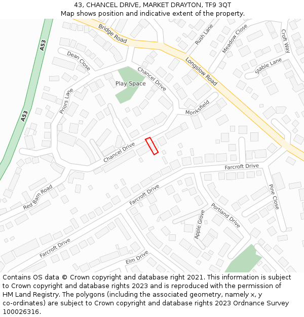 43, CHANCEL DRIVE, MARKET DRAYTON, TF9 3QT: Location map and indicative extent of plot