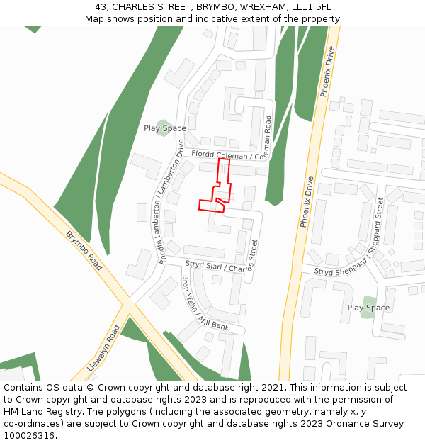 43, CHARLES STREET, BRYMBO, WREXHAM, LL11 5FL: Location map and indicative extent of plot