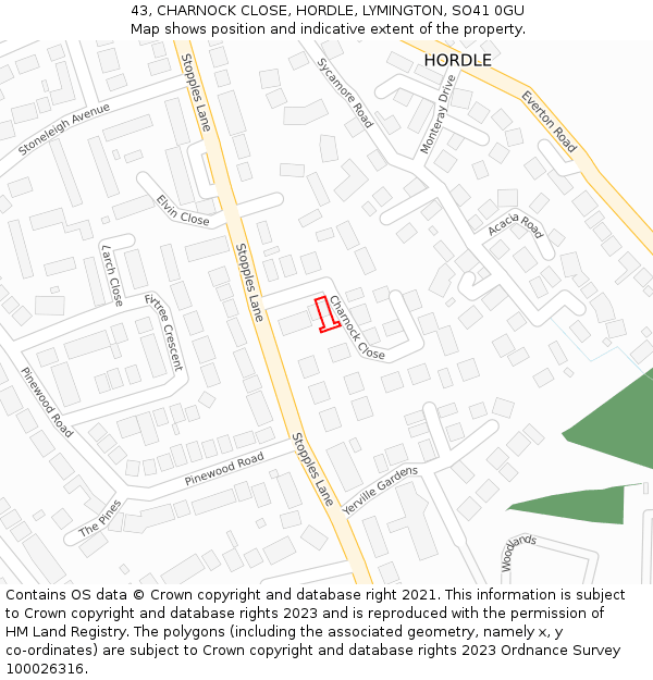 43, CHARNOCK CLOSE, HORDLE, LYMINGTON, SO41 0GU: Location map and indicative extent of plot