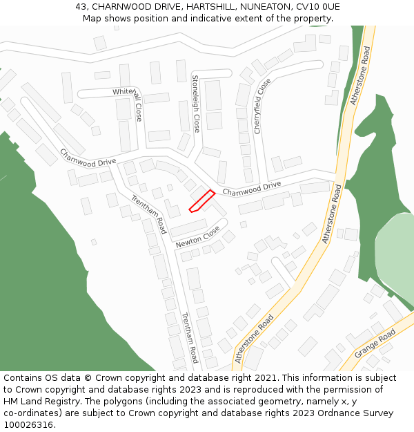 43, CHARNWOOD DRIVE, HARTSHILL, NUNEATON, CV10 0UE: Location map and indicative extent of plot