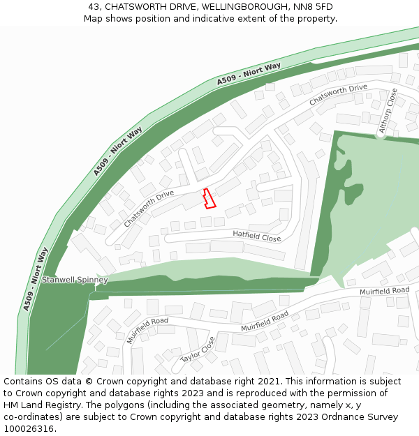 43, CHATSWORTH DRIVE, WELLINGBOROUGH, NN8 5FD: Location map and indicative extent of plot