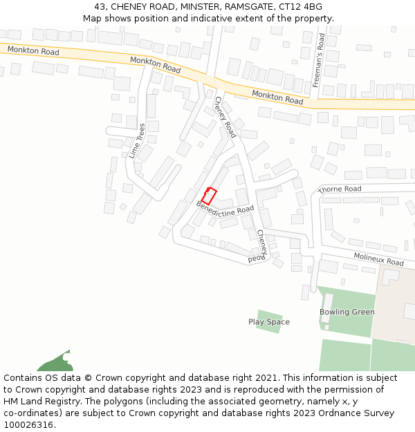 43, CHENEY ROAD, MINSTER, RAMSGATE, CT12 4BG: Location map and indicative extent of plot