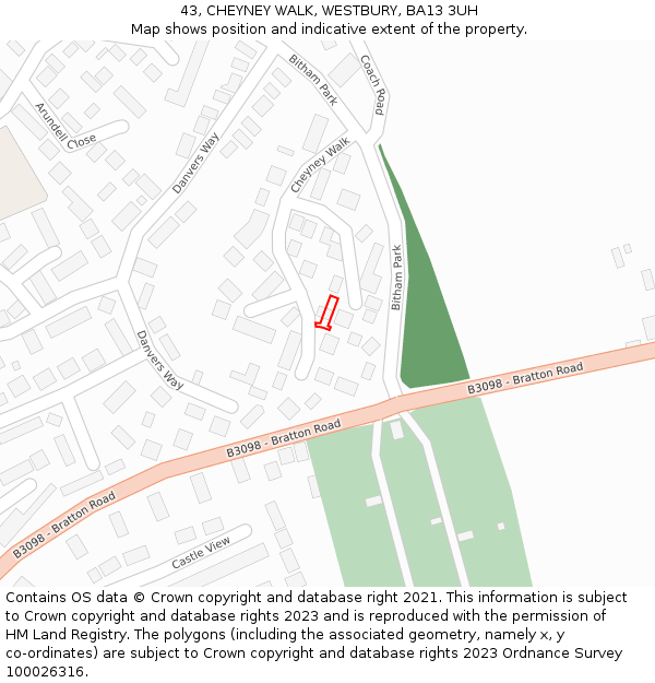 43, CHEYNEY WALK, WESTBURY, BA13 3UH: Location map and indicative extent of plot