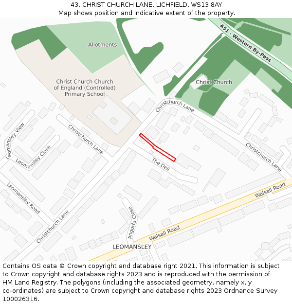 43, CHRIST CHURCH LANE, LICHFIELD, WS13 8AY: Location map and indicative extent of plot