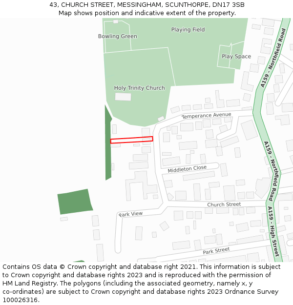 43, CHURCH STREET, MESSINGHAM, SCUNTHORPE, DN17 3SB: Location map and indicative extent of plot