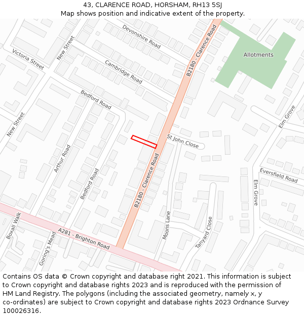 43, CLARENCE ROAD, HORSHAM, RH13 5SJ: Location map and indicative extent of plot