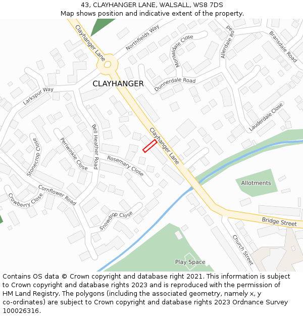 43, CLAYHANGER LANE, WALSALL, WS8 7DS: Location map and indicative extent of plot