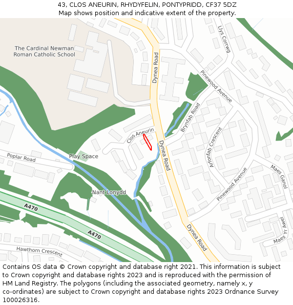 43, CLOS ANEURIN, RHYDYFELIN, PONTYPRIDD, CF37 5DZ: Location map and indicative extent of plot