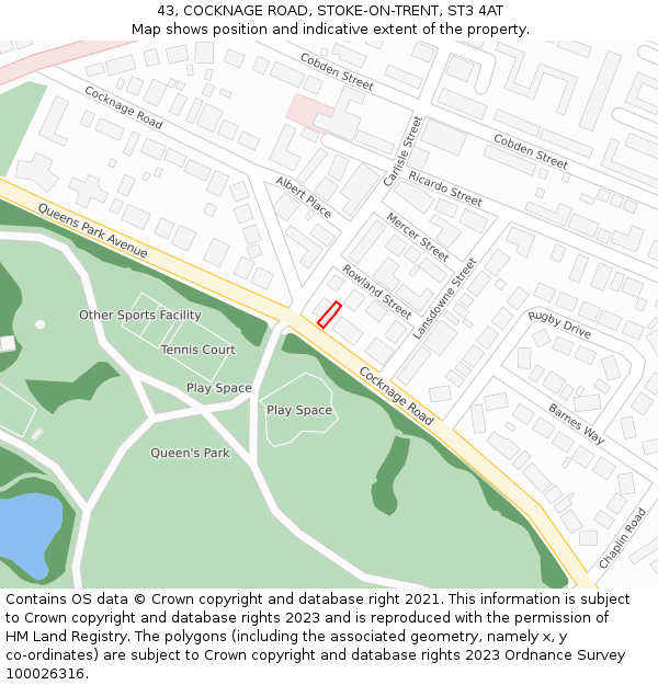 43, COCKNAGE ROAD, STOKE-ON-TRENT, ST3 4AT: Location map and indicative extent of plot