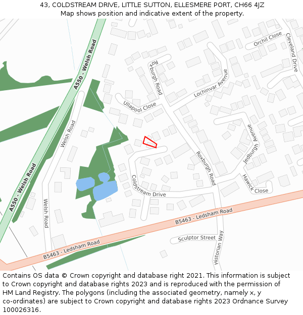 43, COLDSTREAM DRIVE, LITTLE SUTTON, ELLESMERE PORT, CH66 4JZ: Location map and indicative extent of plot