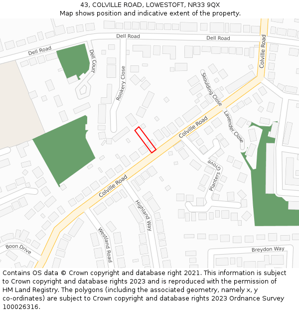 43, COLVILLE ROAD, LOWESTOFT, NR33 9QX: Location map and indicative extent of plot