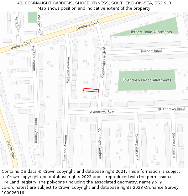 43, CONNAUGHT GARDENS, SHOEBURYNESS, SOUTHEND-ON-SEA, SS3 9LR: Location map and indicative extent of plot