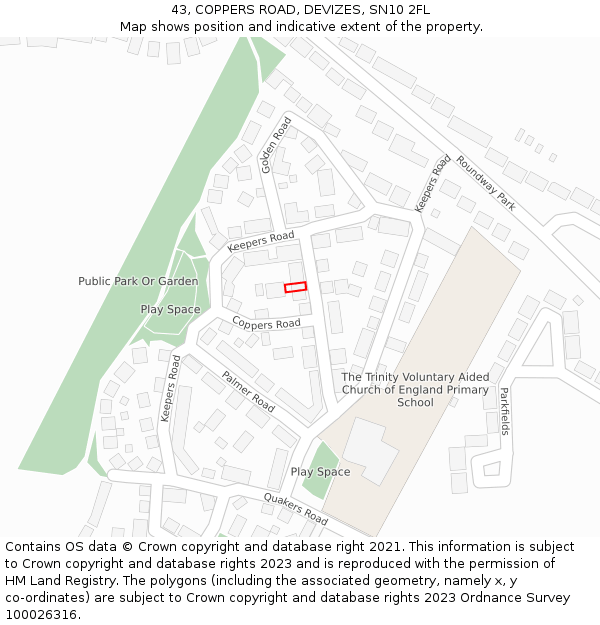 43, COPPERS ROAD, DEVIZES, SN10 2FL: Location map and indicative extent of plot