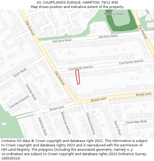 43, COURTLANDS AVENUE, HAMPTON, TW12 3NS: Location map and indicative extent of plot