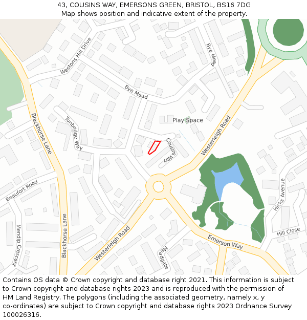 43, COUSINS WAY, EMERSONS GREEN, BRISTOL, BS16 7DG: Location map and indicative extent of plot