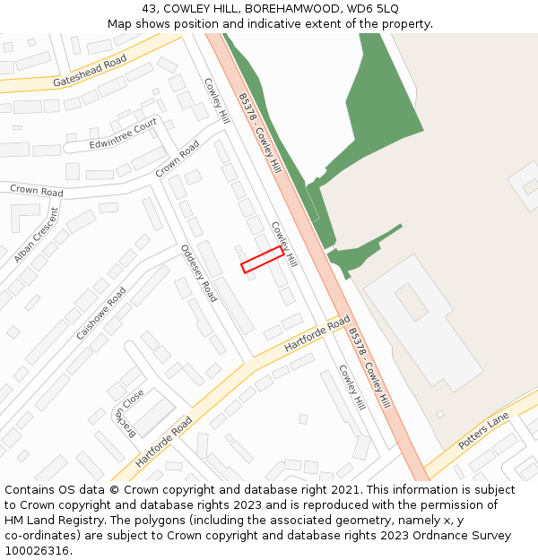 43, COWLEY HILL, BOREHAMWOOD, WD6 5LQ: Location map and indicative extent of plot