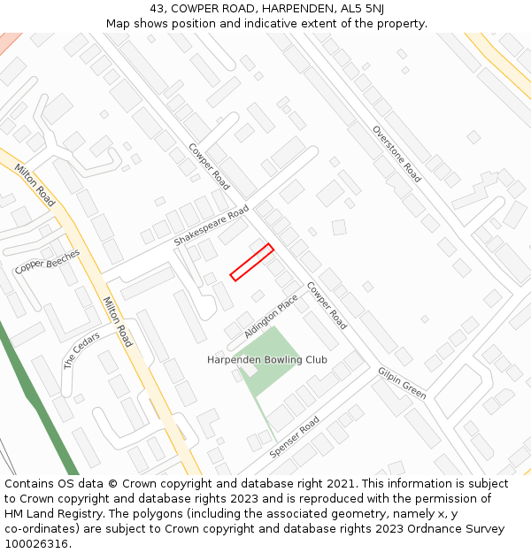 43, COWPER ROAD, HARPENDEN, AL5 5NJ: Location map and indicative extent of plot