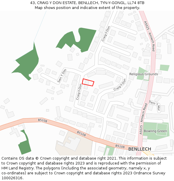 43, CRAIG Y DON ESTATE, BENLLECH, TYN-Y-GONGL, LL74 8TB: Location map and indicative extent of plot