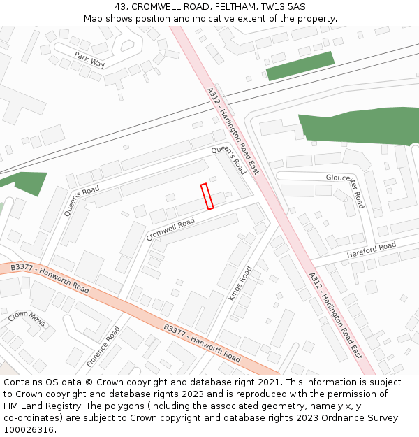 43, CROMWELL ROAD, FELTHAM, TW13 5AS: Location map and indicative extent of plot