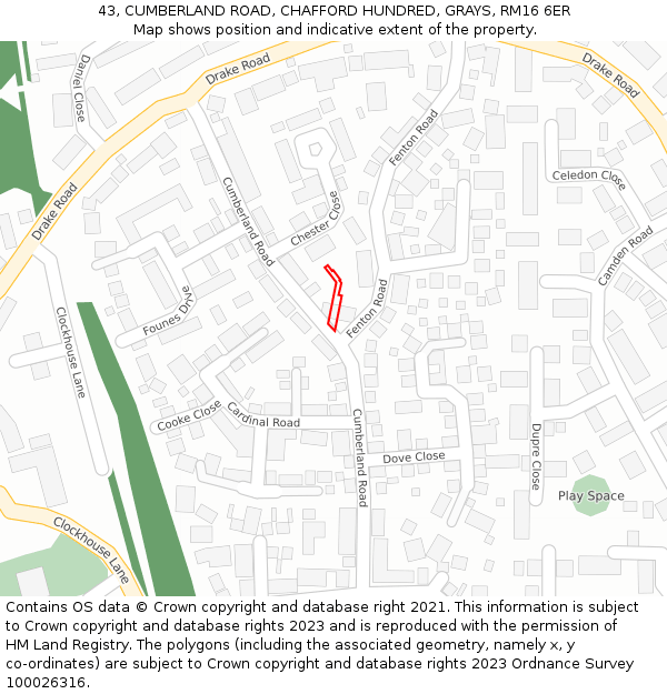 43, CUMBERLAND ROAD, CHAFFORD HUNDRED, GRAYS, RM16 6ER: Location map and indicative extent of plot