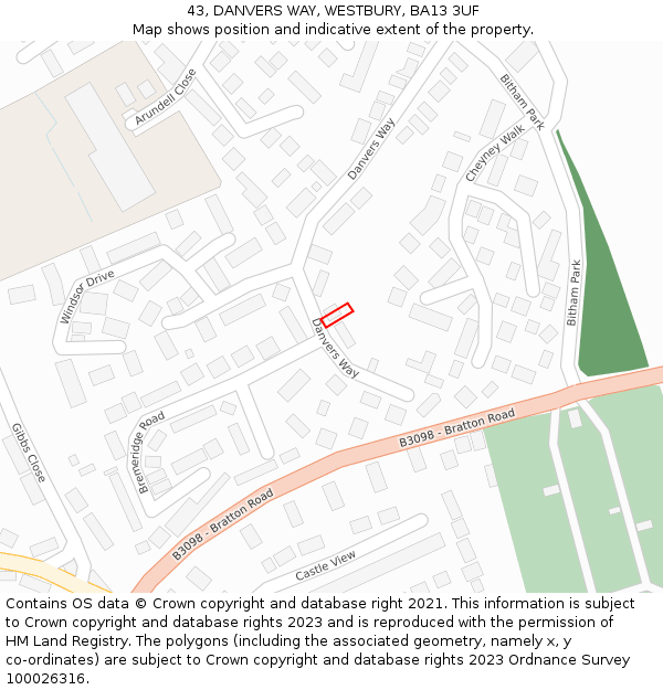 43, DANVERS WAY, WESTBURY, BA13 3UF: Location map and indicative extent of plot