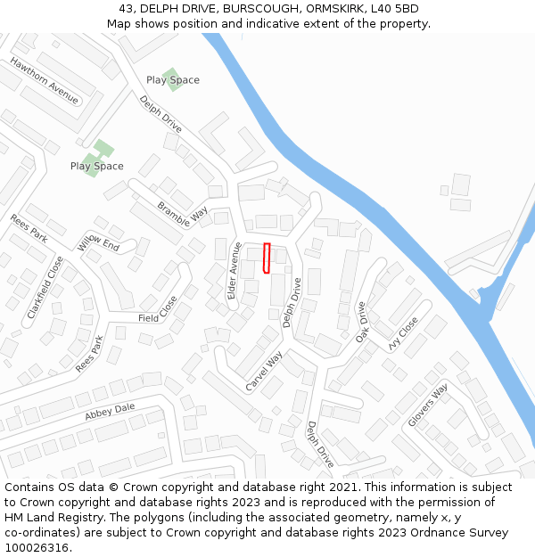 43, DELPH DRIVE, BURSCOUGH, ORMSKIRK, L40 5BD: Location map and indicative extent of plot