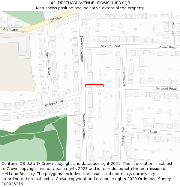 43, DEREHAM AVENUE, IPSWICH, IP3 0QB: Location map and indicative extent of plot