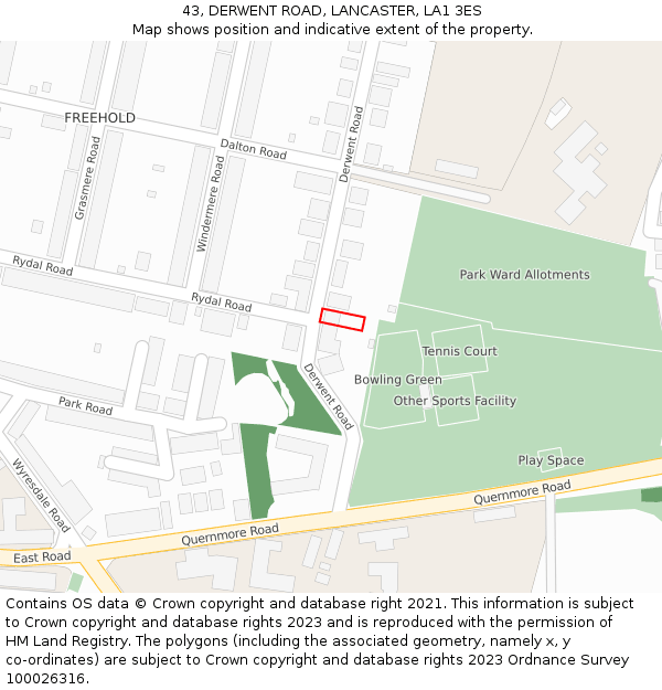 43, DERWENT ROAD, LANCASTER, LA1 3ES: Location map and indicative extent of plot