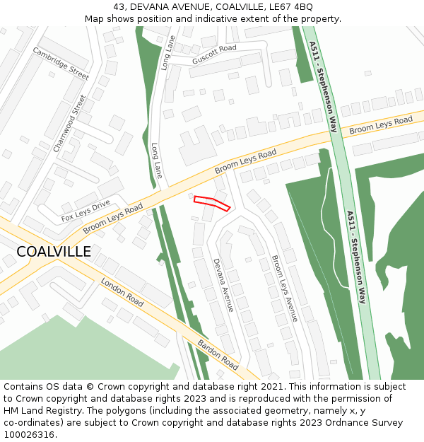 43, DEVANA AVENUE, COALVILLE, LE67 4BQ: Location map and indicative extent of plot