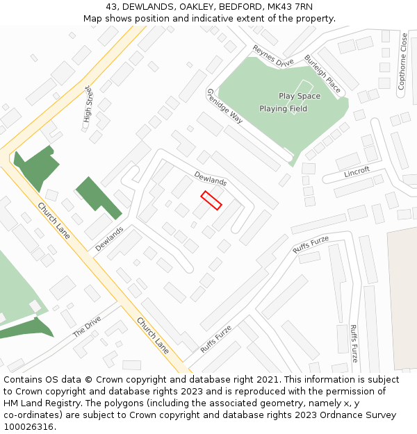 43, DEWLANDS, OAKLEY, BEDFORD, MK43 7RN: Location map and indicative extent of plot