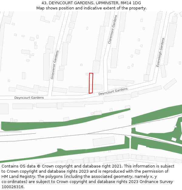 43, DEYNCOURT GARDENS, UPMINSTER, RM14 1DG: Location map and indicative extent of plot