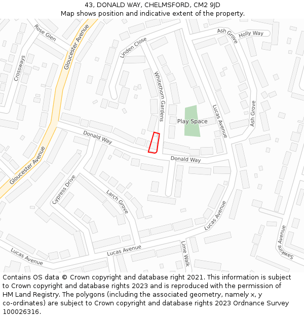 43, DONALD WAY, CHELMSFORD, CM2 9JD: Location map and indicative extent of plot