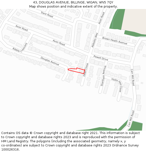 43, DOUGLAS AVENUE, BILLINGE, WIGAN, WN5 7QY: Location map and indicative extent of plot