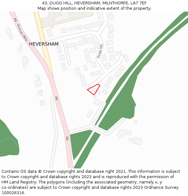 43, DUGG HILL, HEVERSHAM, MILNTHORPE, LA7 7EF: Location map and indicative extent of plot