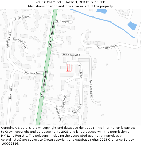 43, EATON CLOSE, HATTON, DERBY, DE65 5ED: Location map and indicative extent of plot