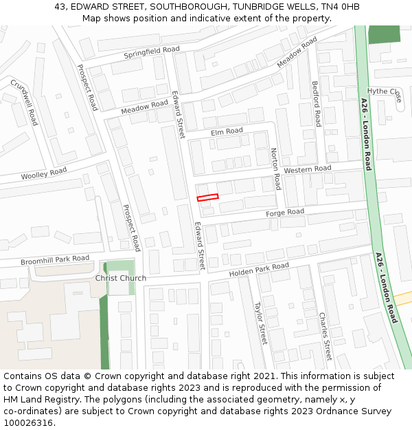 43, EDWARD STREET, SOUTHBOROUGH, TUNBRIDGE WELLS, TN4 0HB: Location map and indicative extent of plot