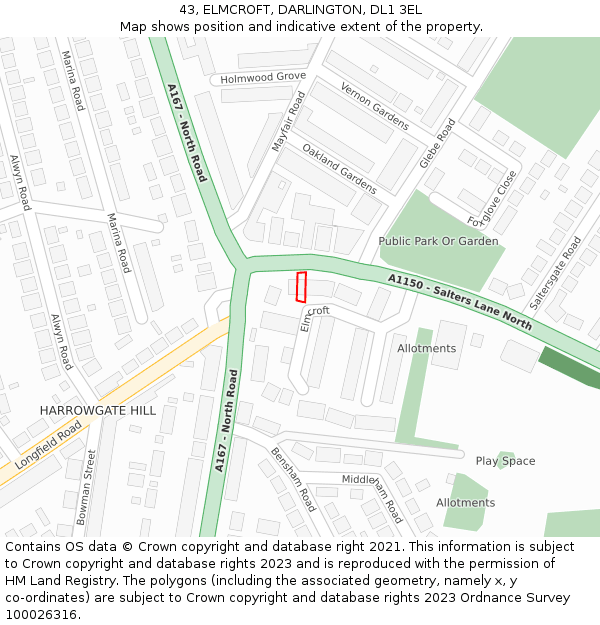 43, ELMCROFT, DARLINGTON, DL1 3EL: Location map and indicative extent of plot