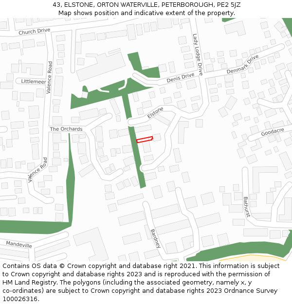 43, ELSTONE, ORTON WATERVILLE, PETERBOROUGH, PE2 5JZ: Location map and indicative extent of plot