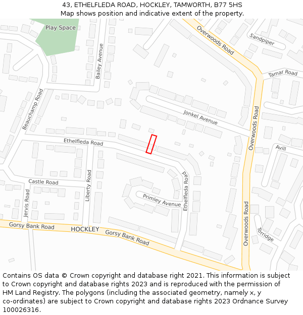 43, ETHELFLEDA ROAD, HOCKLEY, TAMWORTH, B77 5HS: Location map and indicative extent of plot