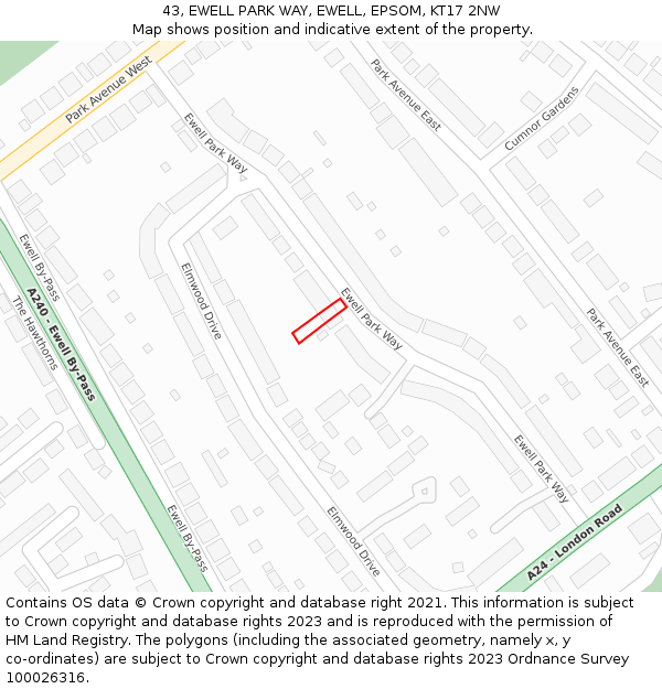 43, EWELL PARK WAY, EWELL, EPSOM, KT17 2NW: Location map and indicative extent of plot