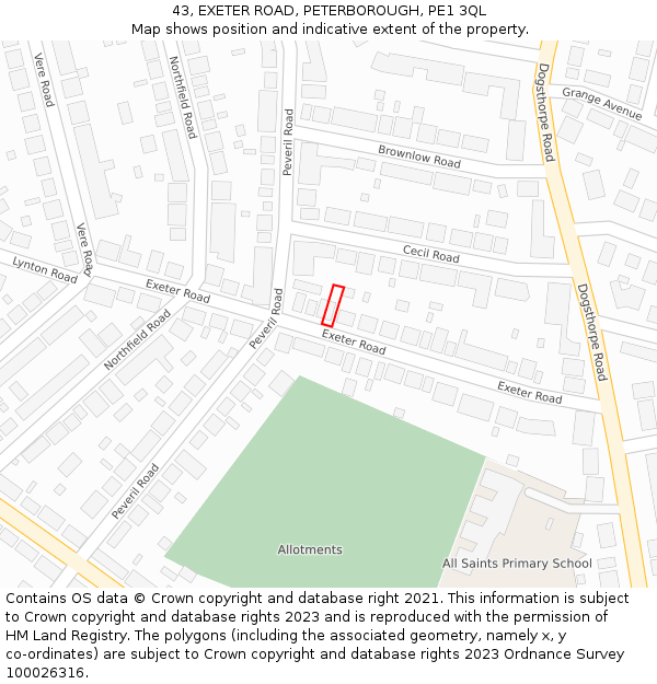 43, EXETER ROAD, PETERBOROUGH, PE1 3QL: Location map and indicative extent of plot